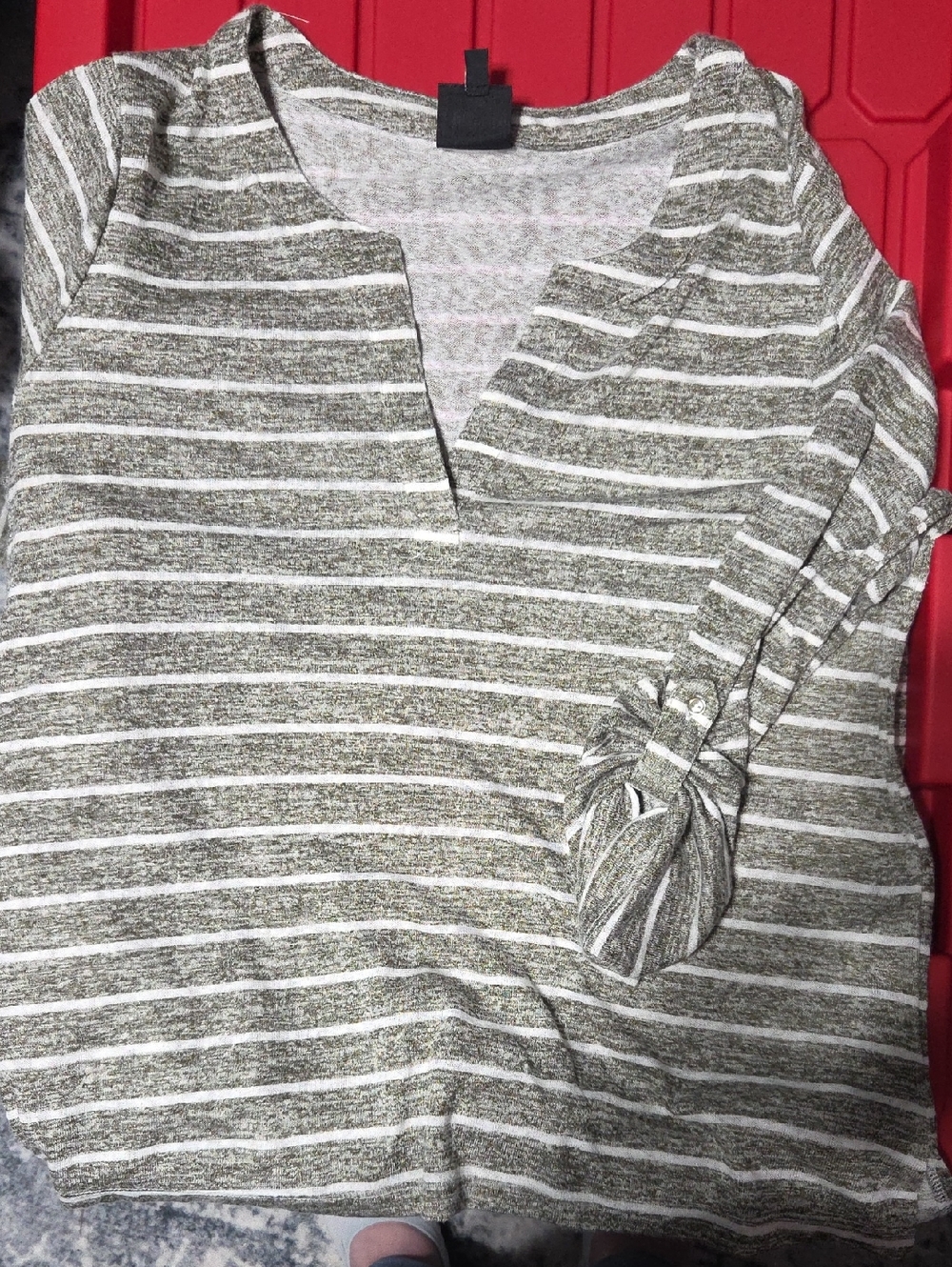 bobeau Olive Green and White Striped V-Neck Tunic